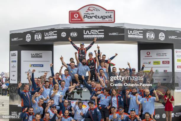 Thierry Neuville of Belgium and Nicolas Gilsoul of Belgium celebrates with all the Hyundai Shell Mobis WRT Hyundai i20 Coupe WRC team the victory of...