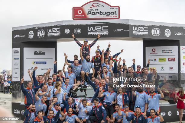 Thierry Neuville of Belgium and Nicolas Gilsoul of Belgium celebrates with all the Hyundai Shell Mobis WRT Hyundai i20 Coupe WRC team the victory of...