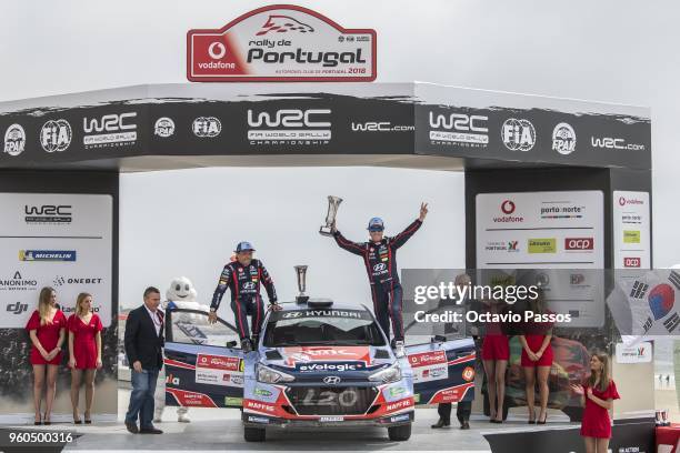 Armindo Araujo of Portugal and Luis Ramalho of Portugal celebrate best Portuguese of the rally at the ceremony awards for the WRC Portugal on May 20,...