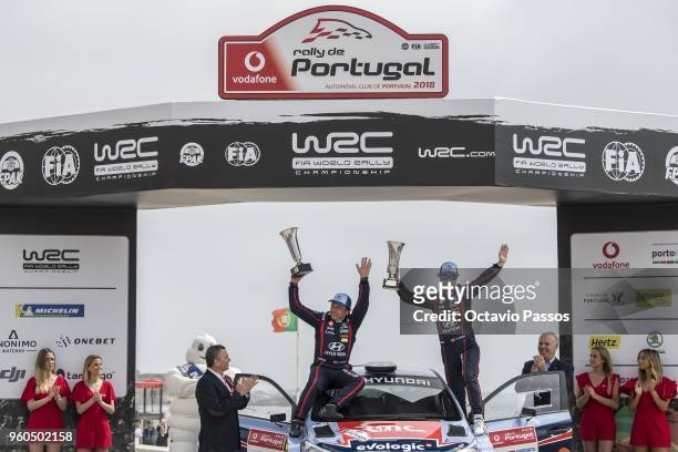 Armindo Araujo of Portugal and Luis Ramalho of Portugal celebrate best Portuguese of the rally at the ceremony awards for the WRC Portugal on May 20,...