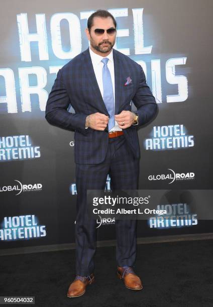 Actor Dave Bautista arrives for the Global Road Entertainment's "Hotel Artemis" Premiere held at Regency Village Theatre on May 19, 2018 in Westwood,...