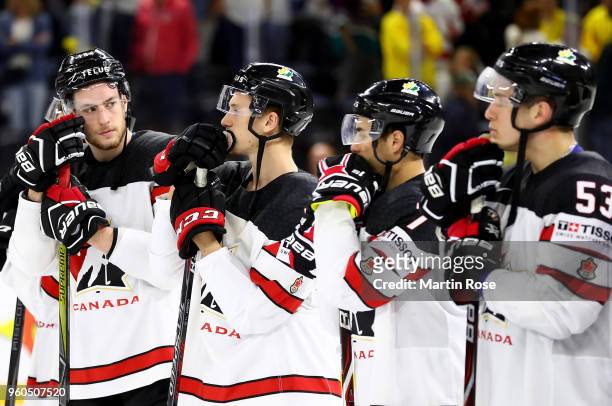 Team members of Canada look dejected after the 2018 IIHF Ice Hockey World Championship Bronze Medal Game game between the United States and Canada at...
