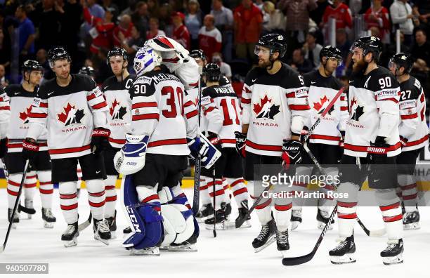 Curtis McElhiiney, goaltender of Canada looks dejected after the 2018 IIHF Ice Hockey World Championship Bronze Medal Game game between the United...