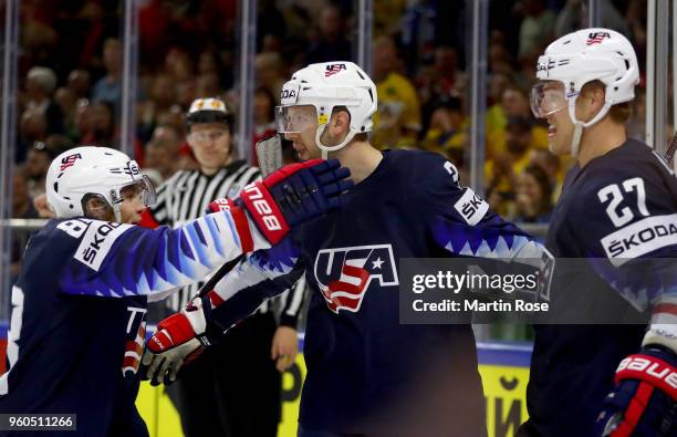 Nick Bonino of the United States celebrate with team mate Anders Lee after he scores the 2nd goal over Canada during the 2018 IIHF Ice Hockey World...