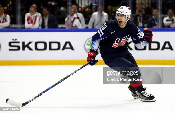 Chris Kreider of the United States celebrates after he scores the 4th goal during the 2018 IIHF Ice Hockey World Championship Bronze Medal Game game...