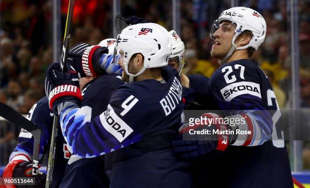Nick Bonino of the United States celebrate with team mate Anders Lee after he scores the 2nd goal over Canada during the 2018 IIHF Ice Hockey World...