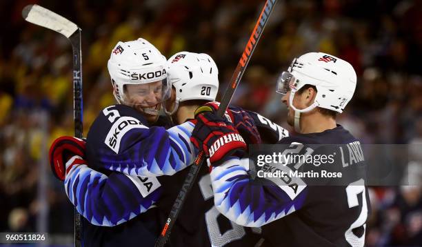 Chris Kreider of the United States celebrate with Connor Murphy and Dylan Larkin after he scores the 4th goal during the 2018 IIHF Ice Hockey World...