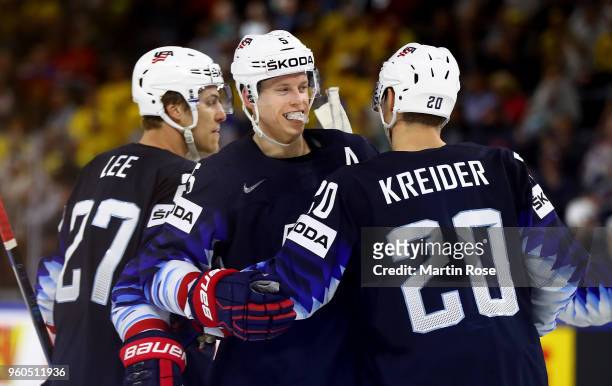 Chris Kreider of the United States celebrate with Connor Murphy and Anders Lee after he scores the 4th goal during the 2018 IIHF Ice Hockey World...
