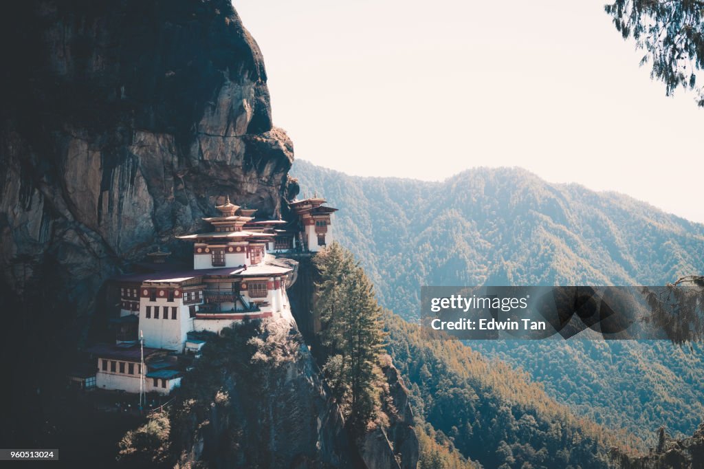 Bhutan buildings early in the morning with mist