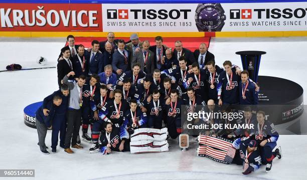 Team USA celebrate after the bronze medal match USA vs Canada of the 2018 IIHF Ice Hockey World Championship at the Royal Arena in Copenhagen,...