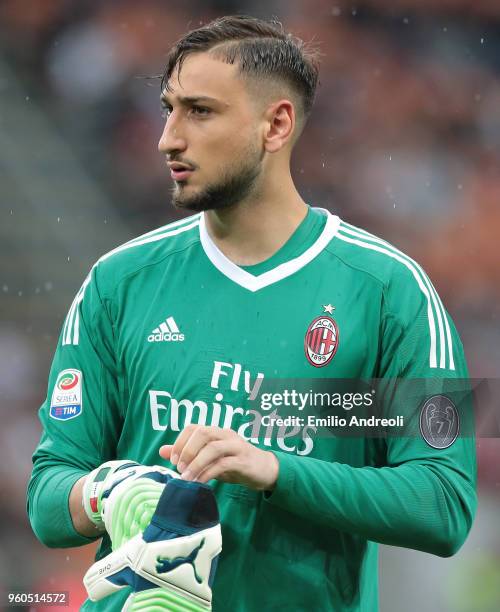 Gianluigi Donnarumma of AC Milan looks on during the serie A match between AC Milan and ACF Fiorentina at Stadio Giuseppe Meazza on May 20, 2018 in...