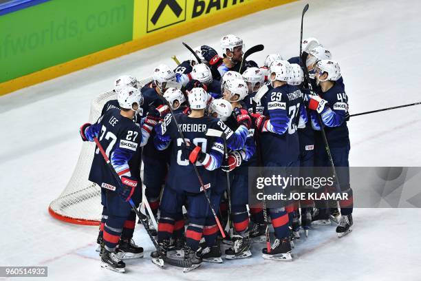 Team USA celebrate after the bronze medal match USA vs Canada of the 2018 IIHF Ice Hockey World Championship at the Royal Arena in Copenhagen,...