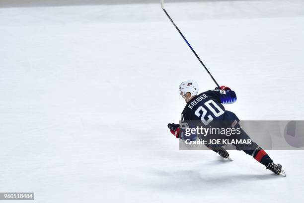 Chris Kreider of the United States celebrates during the bronze medal match USA vs Canada of the 2018 IIHF Ice Hockey World Championship at the Royal...