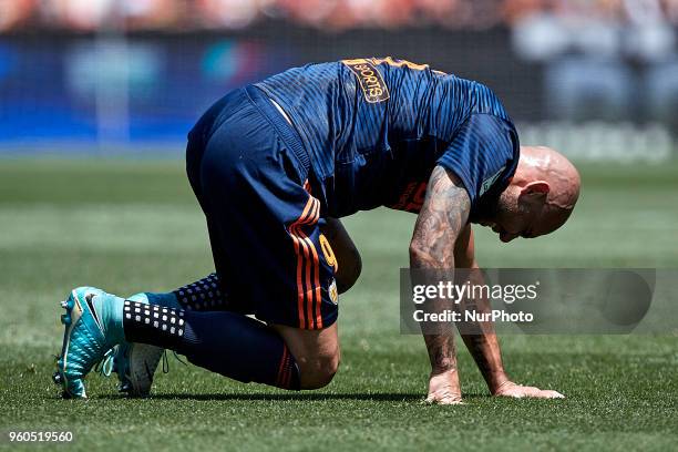 Simone Zaza of Valencia CF reacts on the pitch during the La Liga game between Valencia CF and Deportivo de la Coruna at Mestalla on May 20, 2018 in...