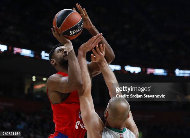 Cory Higgins of CSKA in action against Antanas Kavaliauskas of Zalgiris during the Turkish Airlines Euroleague Final Four Belgrade 2018 Third Place...