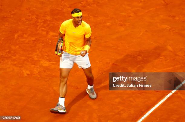 Rafael Nadal of Spain celebrates during the Mens Singles final match between Rafael Nadal and Alexander Zverev on Day Eight of the The Internazionali...