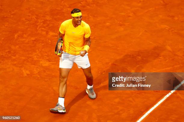 Rafael Nadal of Spain celebrates during the Mens Singles final match between Rafael Nadal and Alexander Zverev on Day Eight of the The Internazionali...