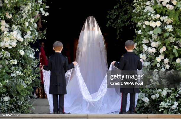 Ms. Meghan Markle and her pageboys Brian Mulroney and John Mulroney arrive at her wedding to Prince Harry at St George's Chapel at Windsor Castle on...