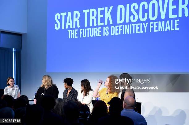 Kathryn Vanarendonk, Gretchen J. Berg, Sonequa Martin-Green, Michelle Yeoh, Mary Wiseman, and Mary Chieffo speak onstage during "Star Trek Discovery:...