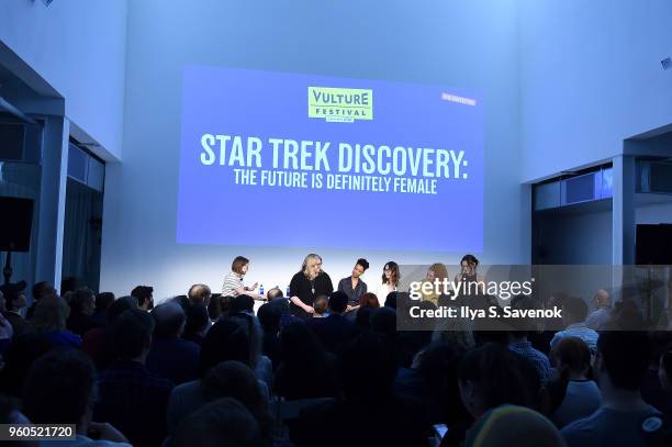 Kathryn Vanarendonk, Gretchen J. Berg, Sonequa Martin-Green, Michelle Yeoh, Mary Wiseman, and Mary Chieffo speak onstage during "Star Trek Discovery:...