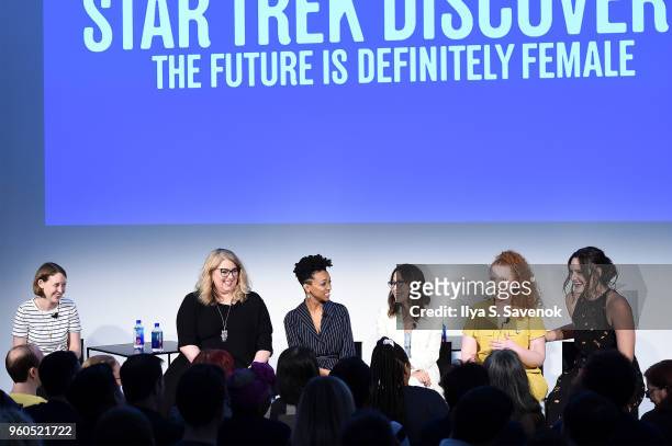 Kathryn Vanarendonk, Gretchen J. Berg, Sonequa Martin-Green, Michelle Yeoh, Mary Wiseman, and Mary Chieffo speak onstage during "Star Trek Discovery:...