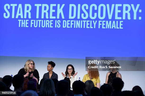 Gretchen J. Berg, Sonequa Martin-Green, Michelle Yeoh, Mary Wiseman, and Mary Chieffo speak onstage during "Star Trek Discovery: The Future is...