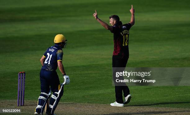 Craig Overton of Somerset celebrates after dismissing Andrew Salter of Glamorgan during the Royal London One-Day Cup match between Somerset and...