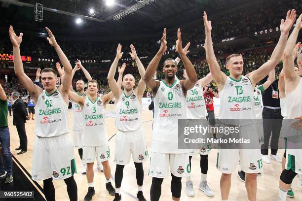 Edgaras Ulanovas, #92, Kevin Pangos, #3, Beno Udrih, #9, Brandon Davies, #0 and Paulius Jankunas, #13 of Zalgiris Kaunas celebrate victory during the...