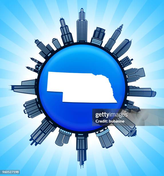 nebraska state map on democratic blue city skyline background - nebraska outline stock illustrations