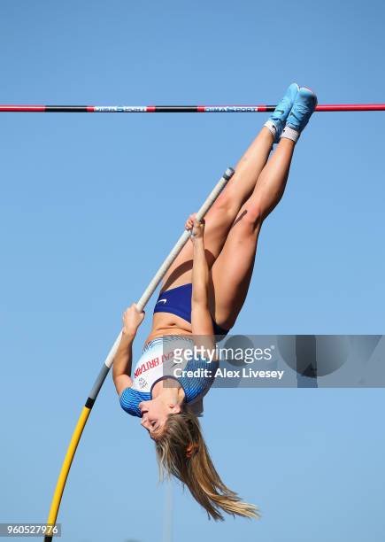 Molly Caudery of Great Britain Juniors competes in the Women's Pole Vault during the Loughborough International Athletics event on May 20, 2018 in...