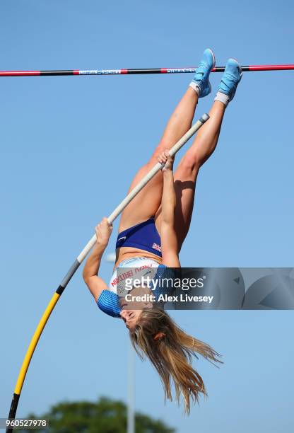 Molly Caudery of Great Britain Juniors competes in the Women's Pole Vault during the Loughborough International Athletics event on May 20, 2018 in...
