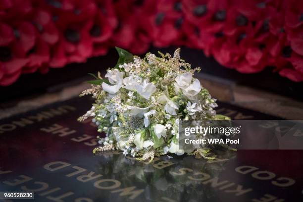 The Duchess of Sussex's wedding bouquet is laid on the grave of the Unknown Warrior in the west nave of Westminster Abbey on May 20, 2018 in London,...