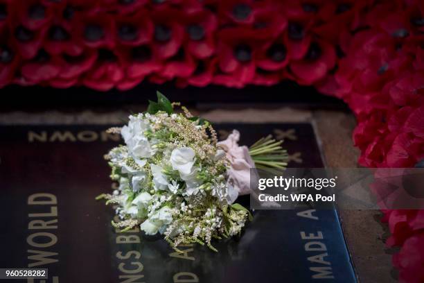 The Duchess of Sussex's wedding bouquet is laid on the grave of the Unknown Warrior in the west nave of Westminster Abbey on May 20, 2018 in London,...