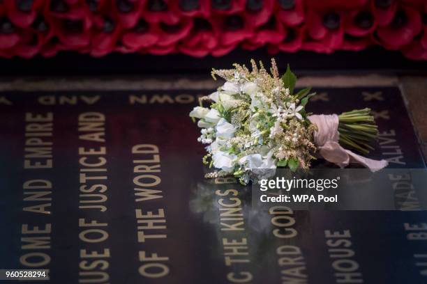The Duchess of Sussex's wedding bouquet is laid on the grave of the Unknown Warrior in the west nave of Westminster Abbey on May 20, 2018 in London,...