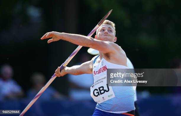 Scott Staples of Great Britain Juniors competes in the Men's Javelin during the Loughborough International Athletics event on May 20, 2018 in...
