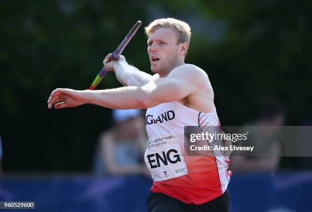 Joe Dunderdale of England competes in the Men's Javelin during the Loughborough International Athletics event on May 20, 2018 in Loughborough,...