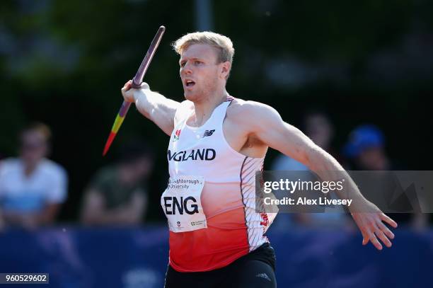 Joe Dunderdale of England competes in the Men's Javelin during the Loughborough International Athletics event on May 20, 2018 in Loughborough,...