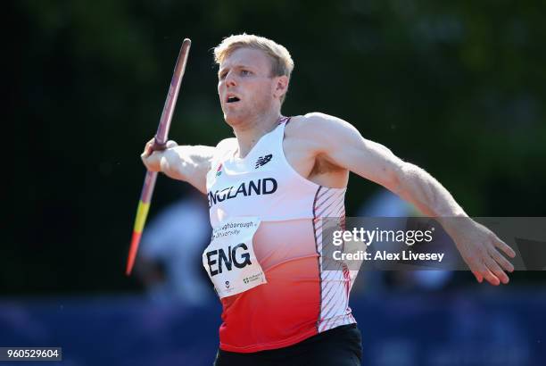 Joe Dunderdale of England competes in the Men's Javelin during the Loughborough International Athletics event on May 20, 2018 in Loughborough,...