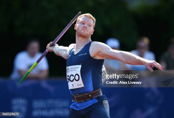 Greg Millar of Scotland competes in the Men's Javelin during the Loughborough International Athletics event on May 20, 2018 in Loughborough, England.