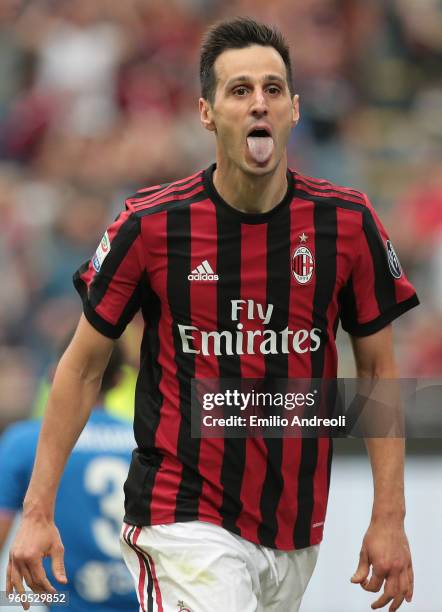 Nikola Kalinic of AC Milan celebrates his goal during the serie A match between AC Milan and ACF Fiorentina at Stadio Giuseppe Meazza on May 20, 2018...