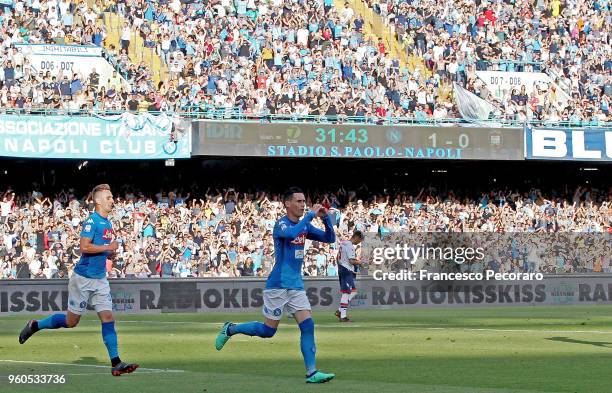 Arkadiusz Milik and Jose Callejon of SSC Napoli celebrate the 2-0 goal scored by Jose Callejon during the Serie A match between SSC Napoli and FC...