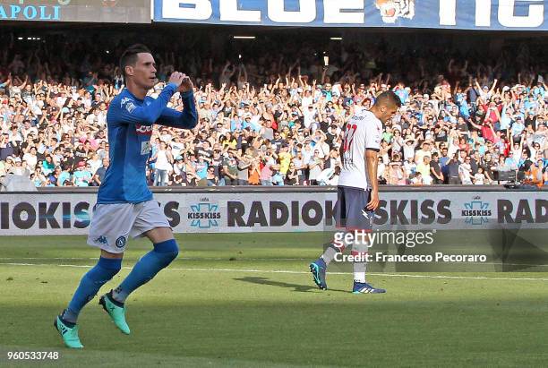 Jose Callejon of SSC Napoli celebrates after scoring the 2-0 goal, beside the disappointment of Davide Faraoni of FC Crotone during the Serie A match...