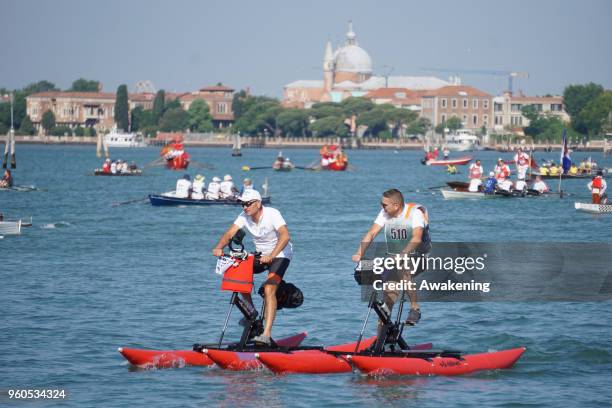 The participants row at the start of the Vogalonga, a non-competitive rowing marathon on May 20, 2018 in Venice, Italy. The 32 km course goes around...