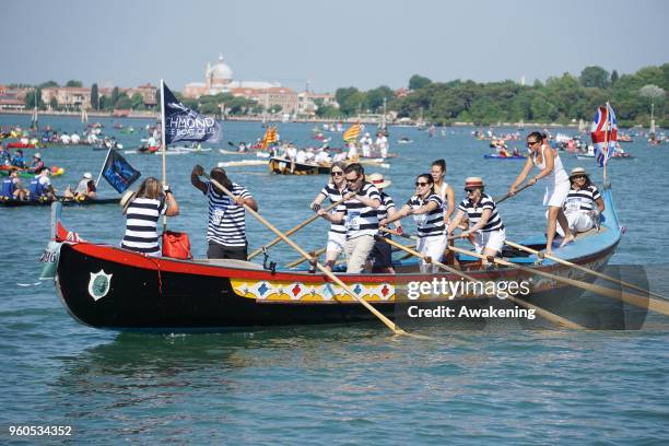 The participants row at the start of the Vogalonga, a non-competitive rowing marathon on May 20, 2018 in Venice, Italy. The 32 km course goes around...