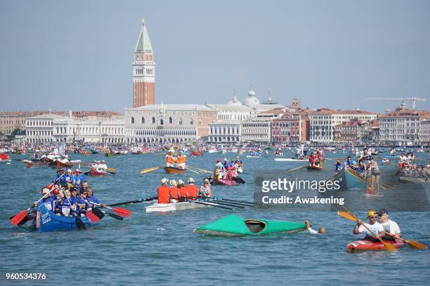 The participants row at the start of the Vogalonga, a non-competitive rowing marathon on May 20, 2018 in Venice, Italy. The 32 km course goes around...
