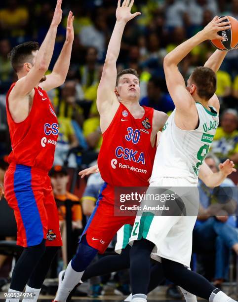 Mikhail Kulagin of CSKA Moscow in action against Edgaras Ulanovas of Zalgiris Kaunas during the Turkish Airlines Euroleague Final Four third place...