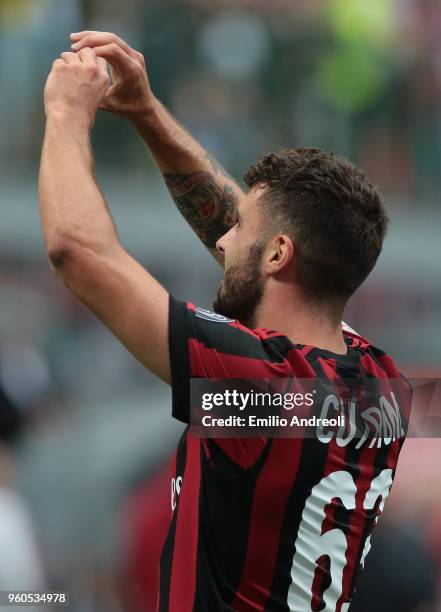 Patrick Cutrone of AC Milan celebrates his second goal during the serie A match between AC Milan and ACF Fiorentina at Stadio Giuseppe Meazza on May...