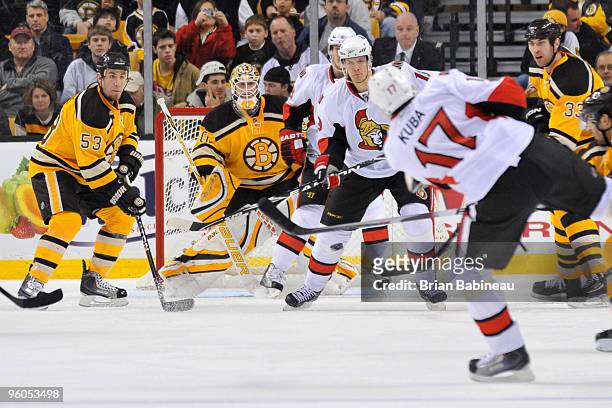 Filip Kuba of the Ottawa Senators takes a shot against Tim Thomas of the Boston Bruins at the TD Garden on January 23, 2010 in Boston, Massachusetts.