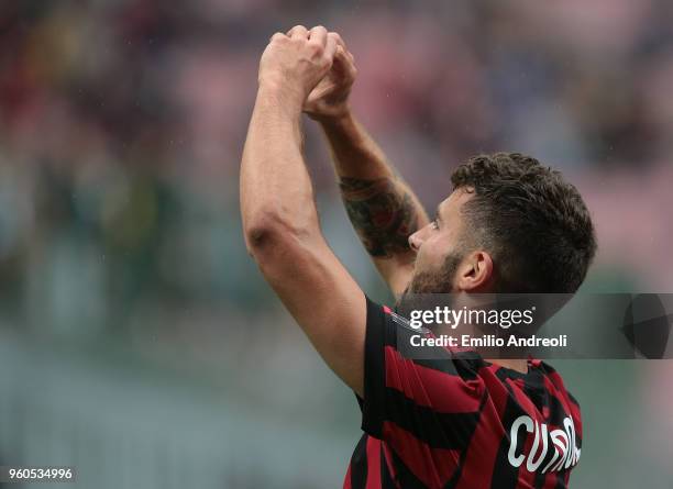 Patrick Cutrone of AC Milan celebrates his second goal during the serie A match between AC Milan and ACF Fiorentina at Stadio Giuseppe Meazza on May...