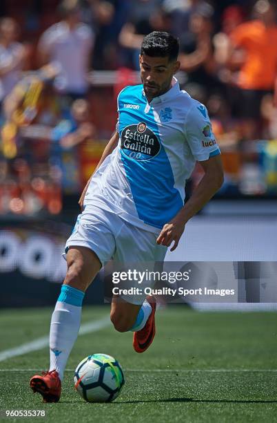 Juanfran Moreno of Deportivo de La Coruna in action during the La Liga match between Valencia and Deportivo La Coruna at Mestalla Stadium on May 20,...